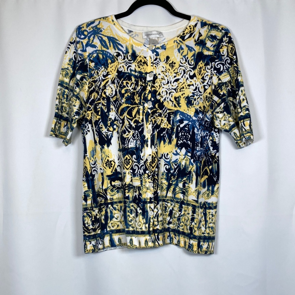 Christopher & Banks Yellow and Blue Patterned Knit Cardigan Sz L Resortwear